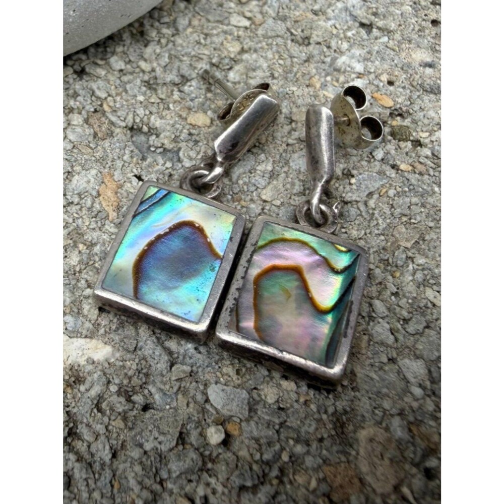 Vintage Sterling Silver Abalone Geometric Rectangle Dangle Drop Earrings 925